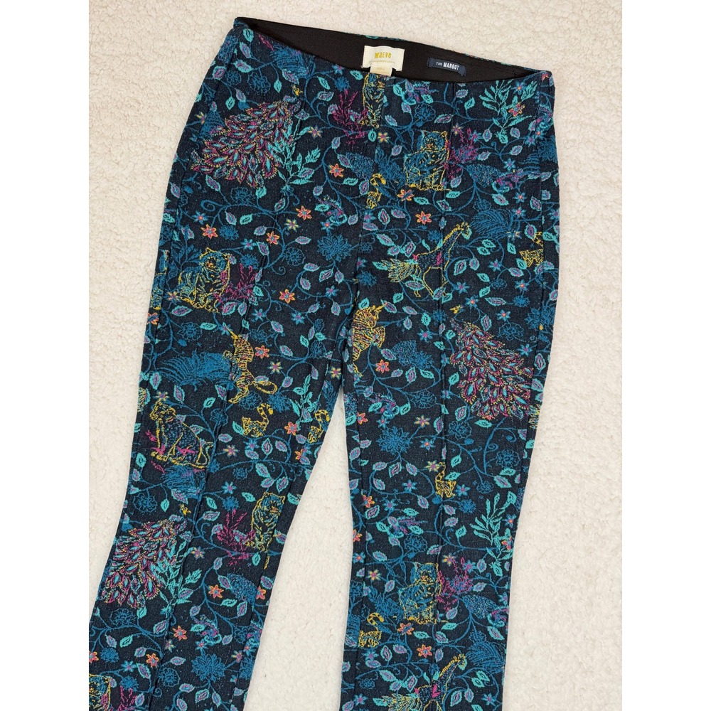 Maeve Anthropologie XS Margot Animal Floral Tapestry Print Flare Pants Teal
